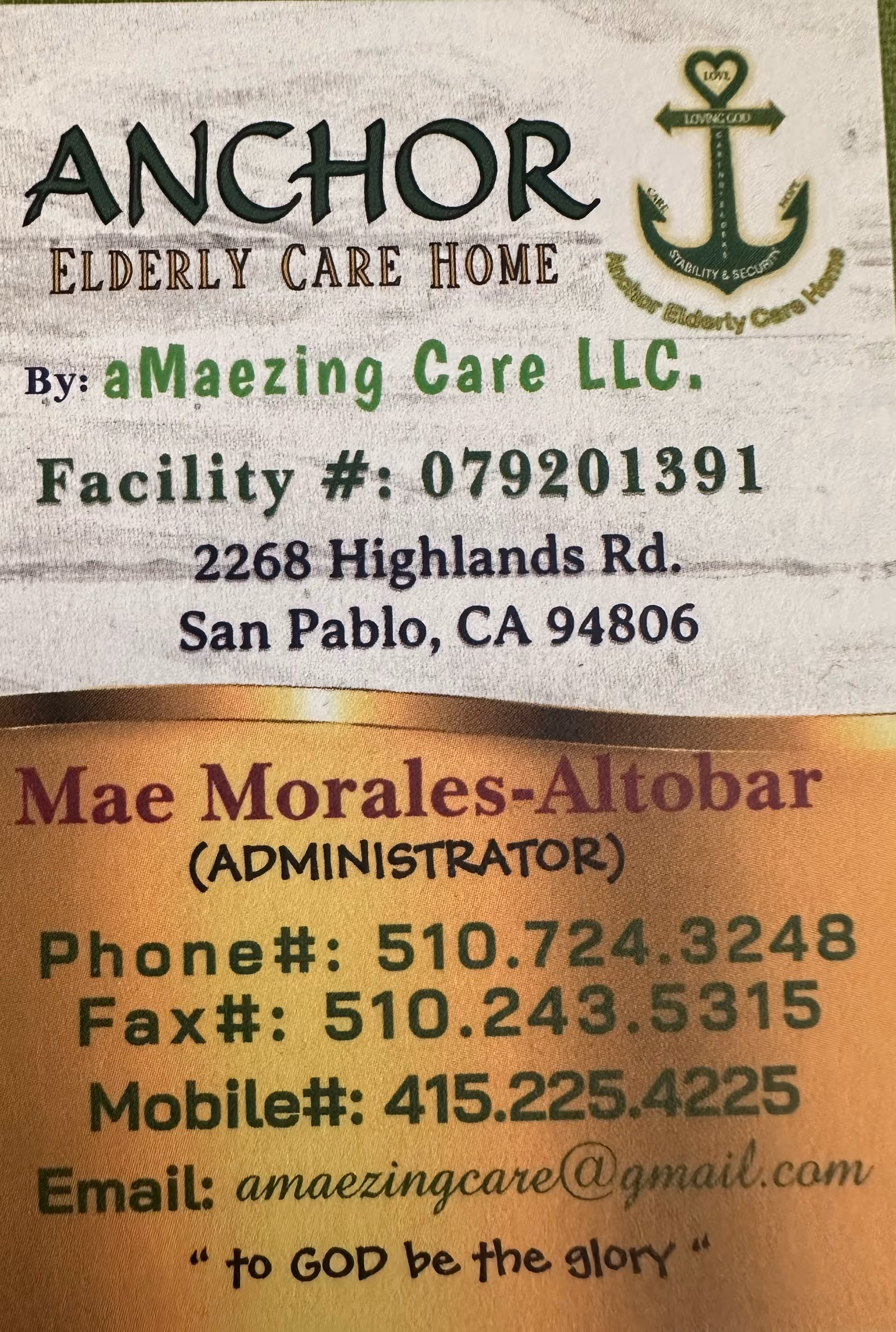 Sign reads Anchor Elderly Care Home with administrator contact details.