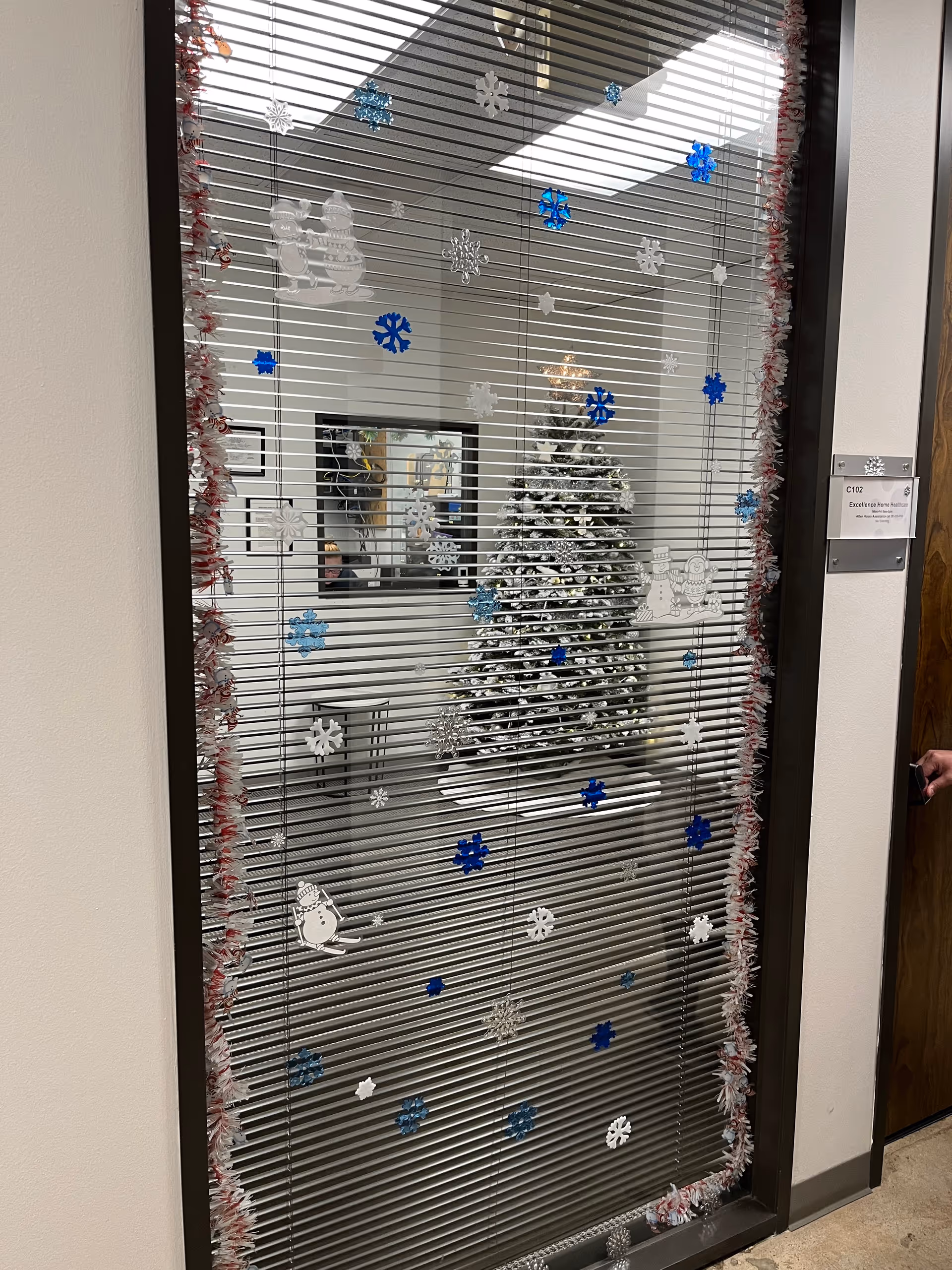 Interior door with blinds and winter decorations; Christmas tree visible inside.
