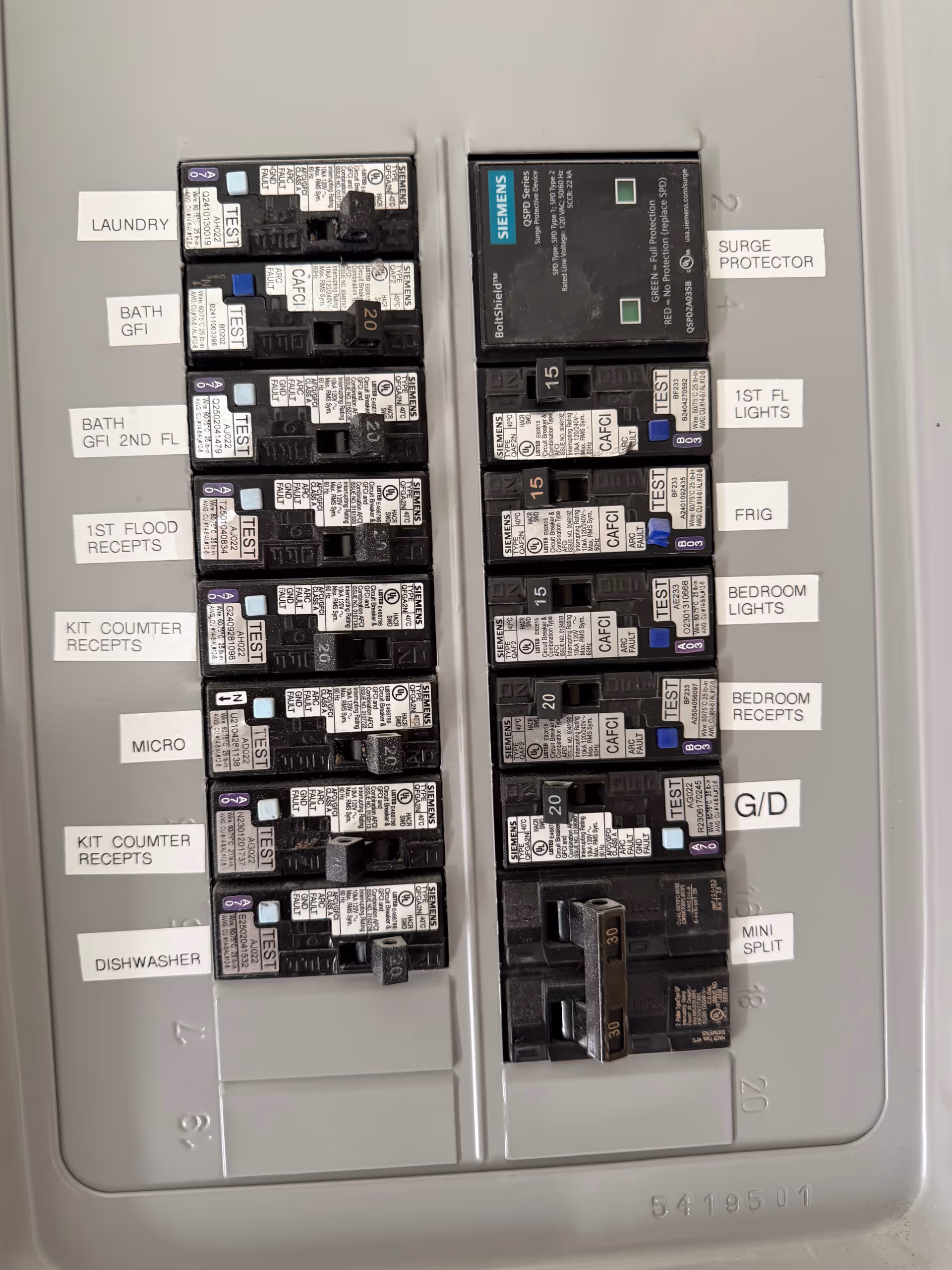 Interior electrical breaker panel with labeled circuit breakers in a senior living facility.
