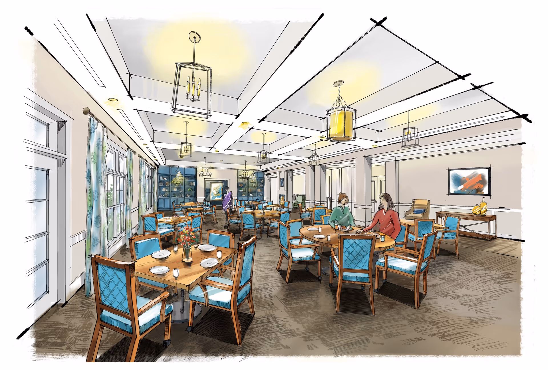 Illustration of a spacious dining room with multiple wooden tables and blue cushioned chairs. The room has large windows with floral curtains on the left side, and several hanging light fixtures on the ceiling. Two people are seated at a round table on the right side, engaged in conversation. Shelves and artwork decorate the far wall.