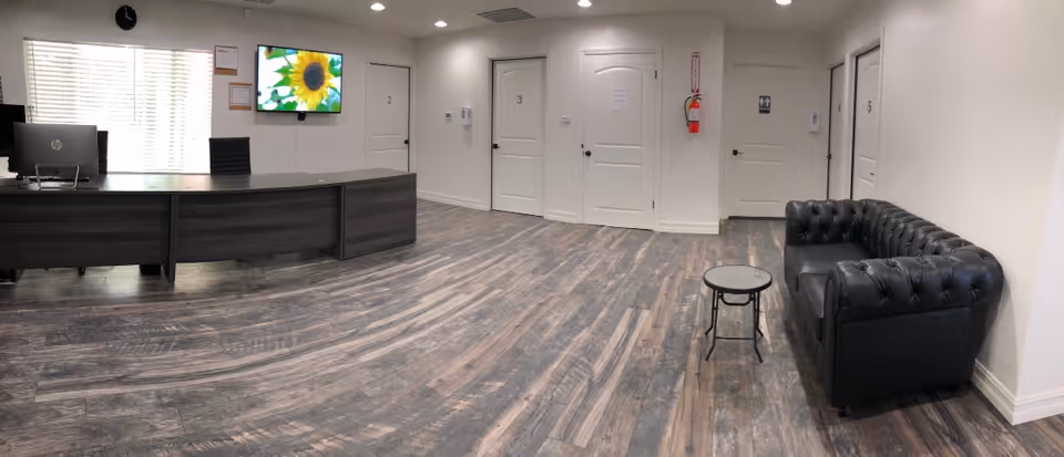 Modern reception area with curved dark desk, sunflower on TV, doors, and a black leather sofa.