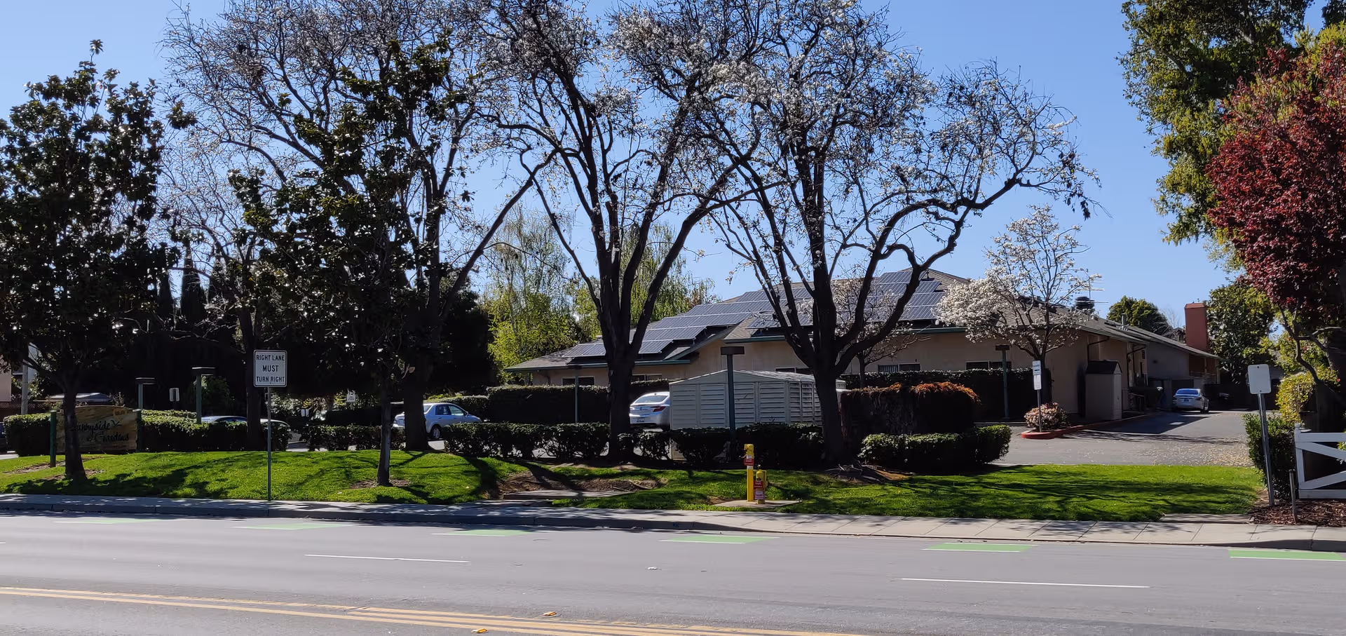 Exterior view of Sunnyside Gardens building with trees, lawn, and a driveway along the street.