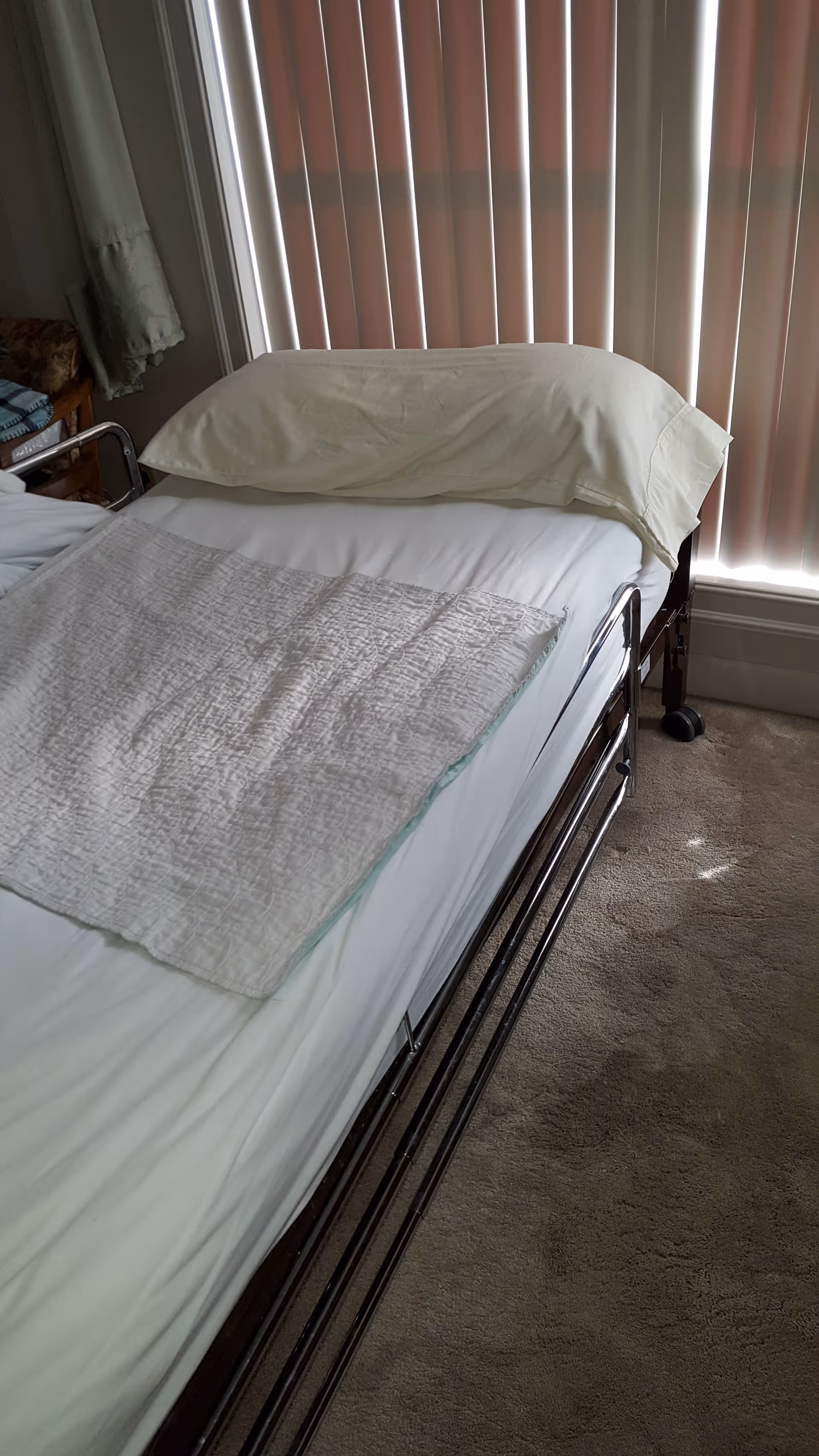 Hospital-style bed with rails sits in a sunlit bedroom with vertical blinds.