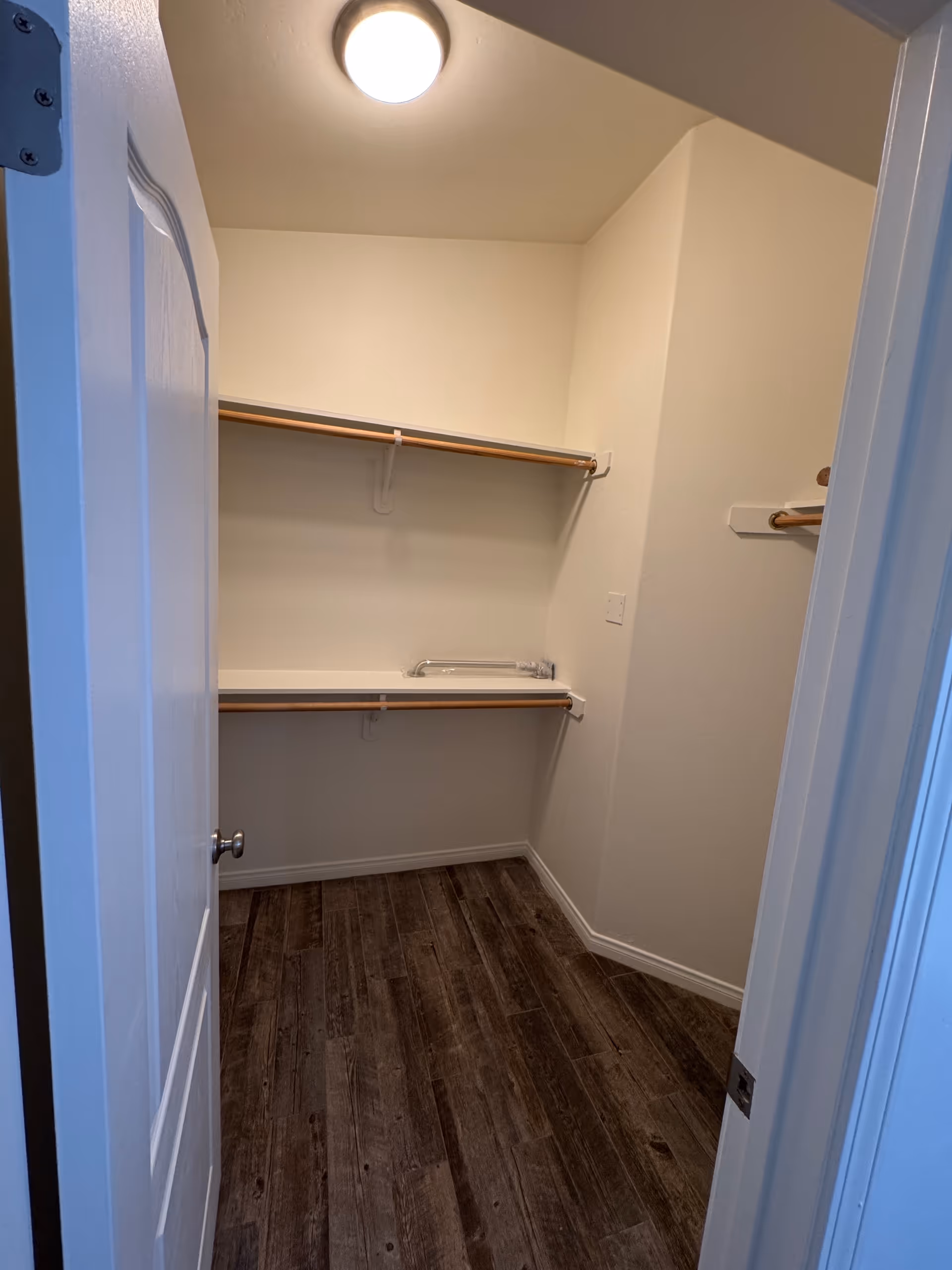Open door reveals an empty walk-in closet with shelves and hanging rods.