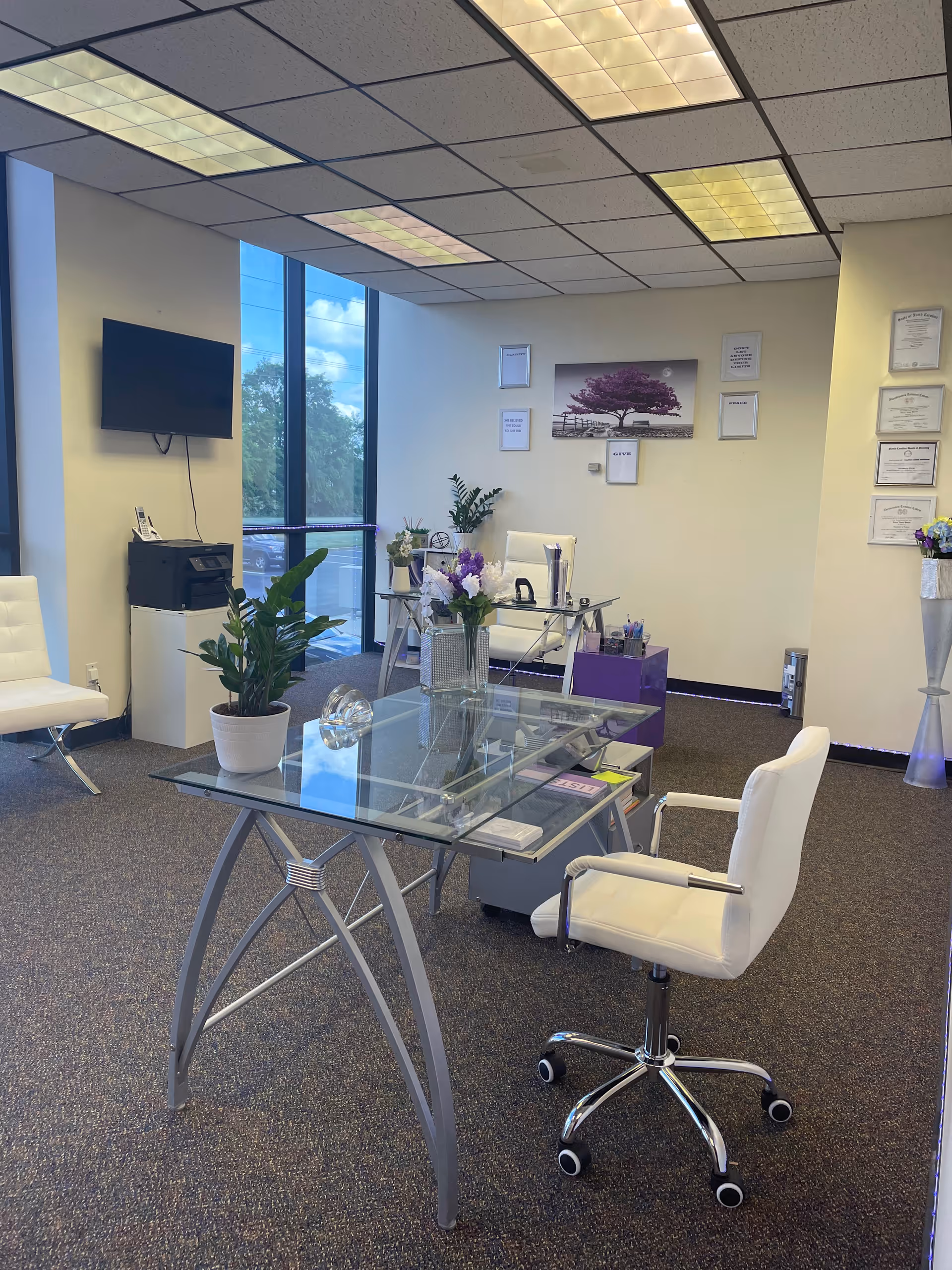 Modern reception area with glass desk, white chairs, plants, and framed certificates.