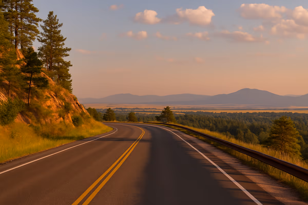 A winding two-lane road winds through a hillside landscape at sunset with distant mountains.