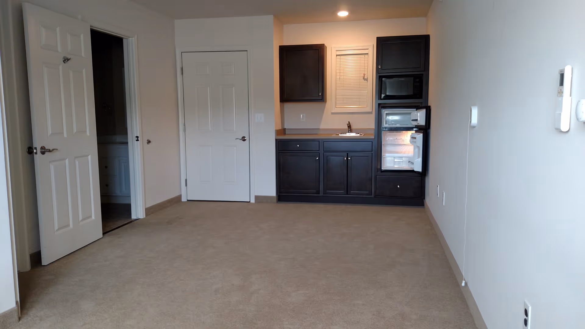 Interior kitchenette with dark cabinets, fridge, and microwave.