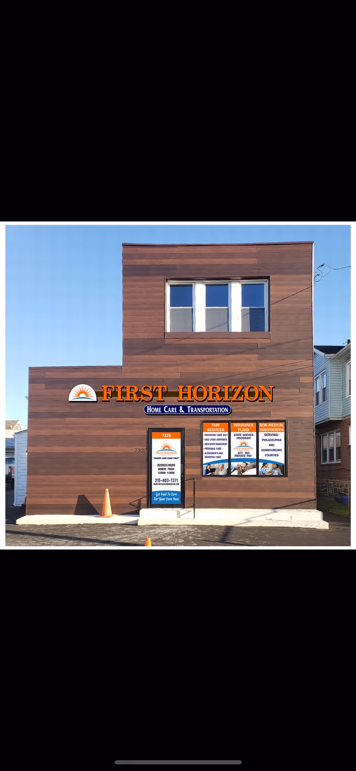 Front view of the First Horizon Home Care and Transportation building exterior.