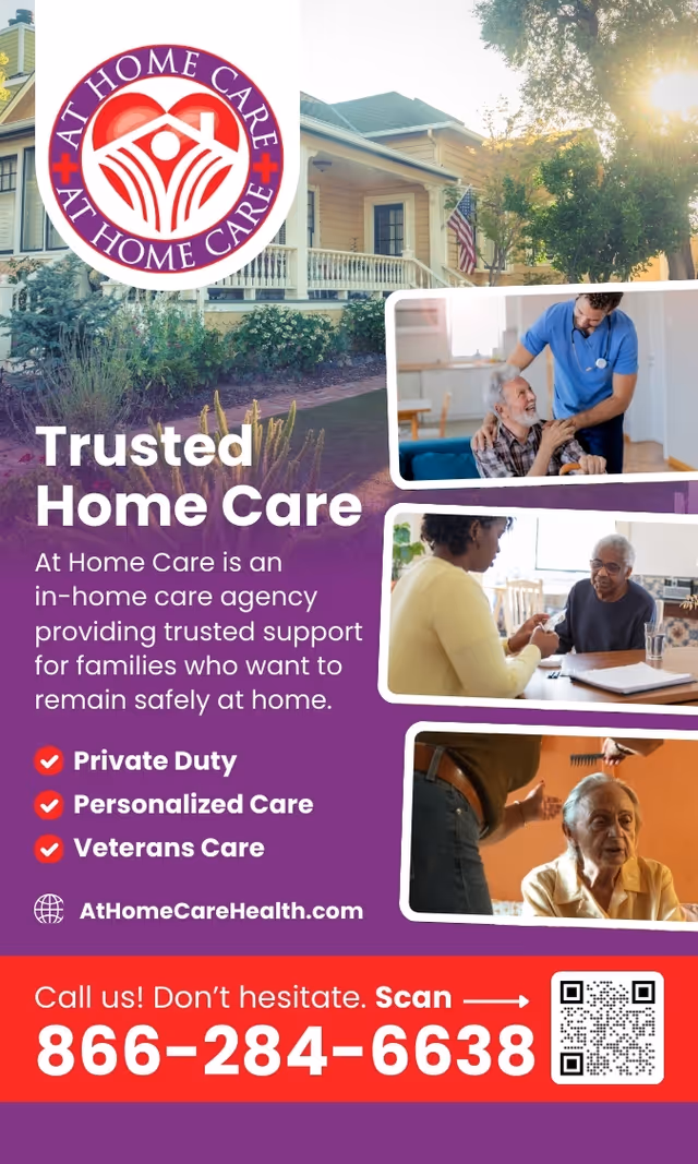 Front brochure for At Home Care with logo, house exterior, and caregiver photos.