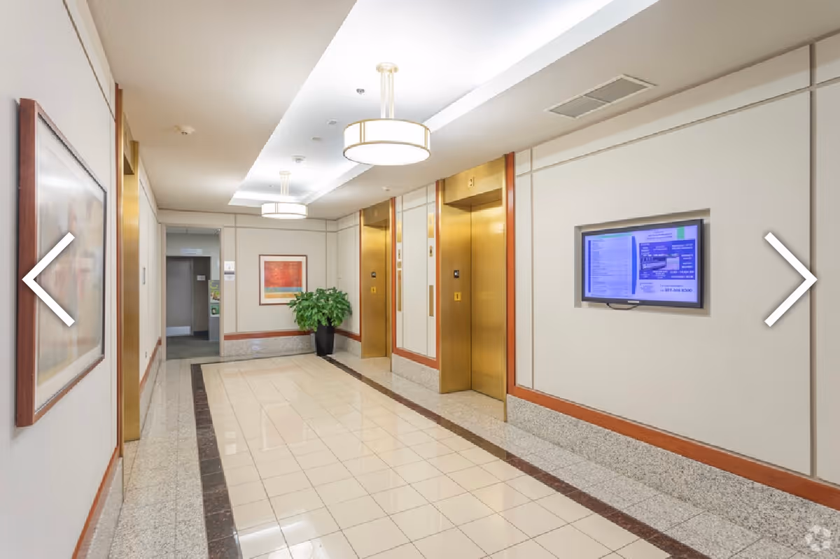 Bright interior hallway with elevators, tiled floor, ceiling lights, and a potted plant.