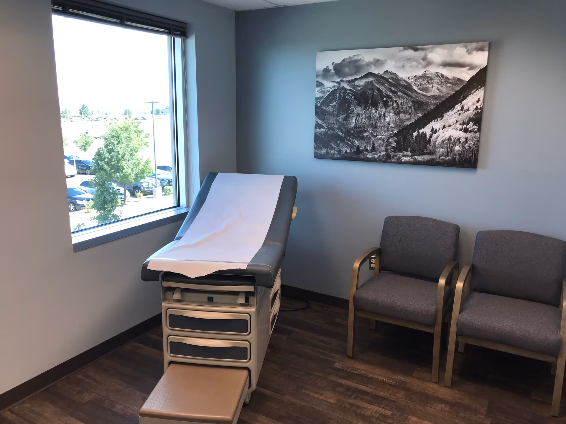 Examination room with a medical table, window, two chairs, and mountain artwork.