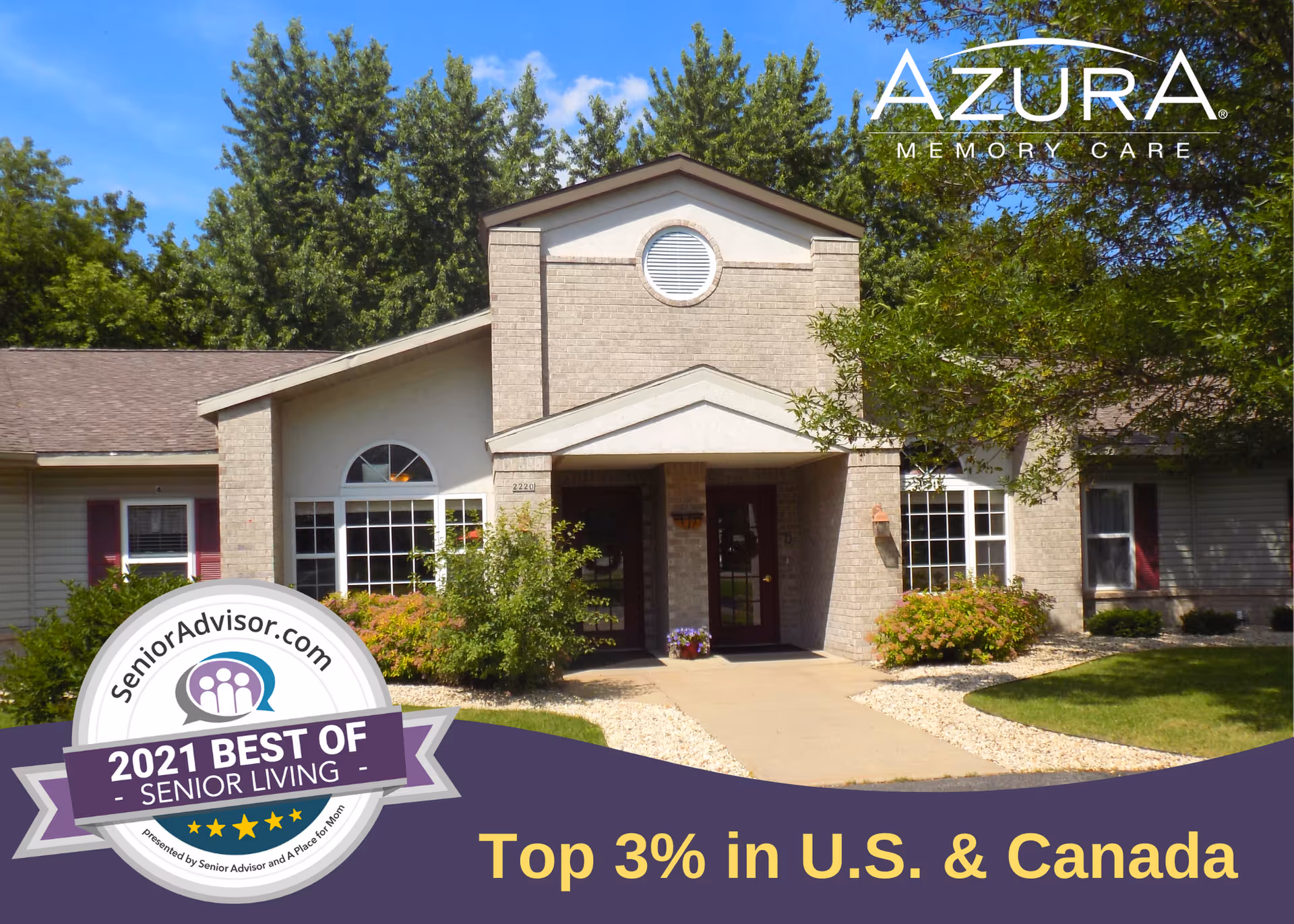 Front entrance of Azura Memory Care building with a landscaped walkway and a SeniorAdvisor 2021 Best of Senior Living badge overlay.