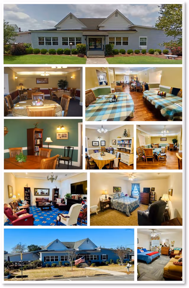 A collage of NorthSpring Senior Living interiors: dining rooms, living areas, bedrooms, and exterior.
