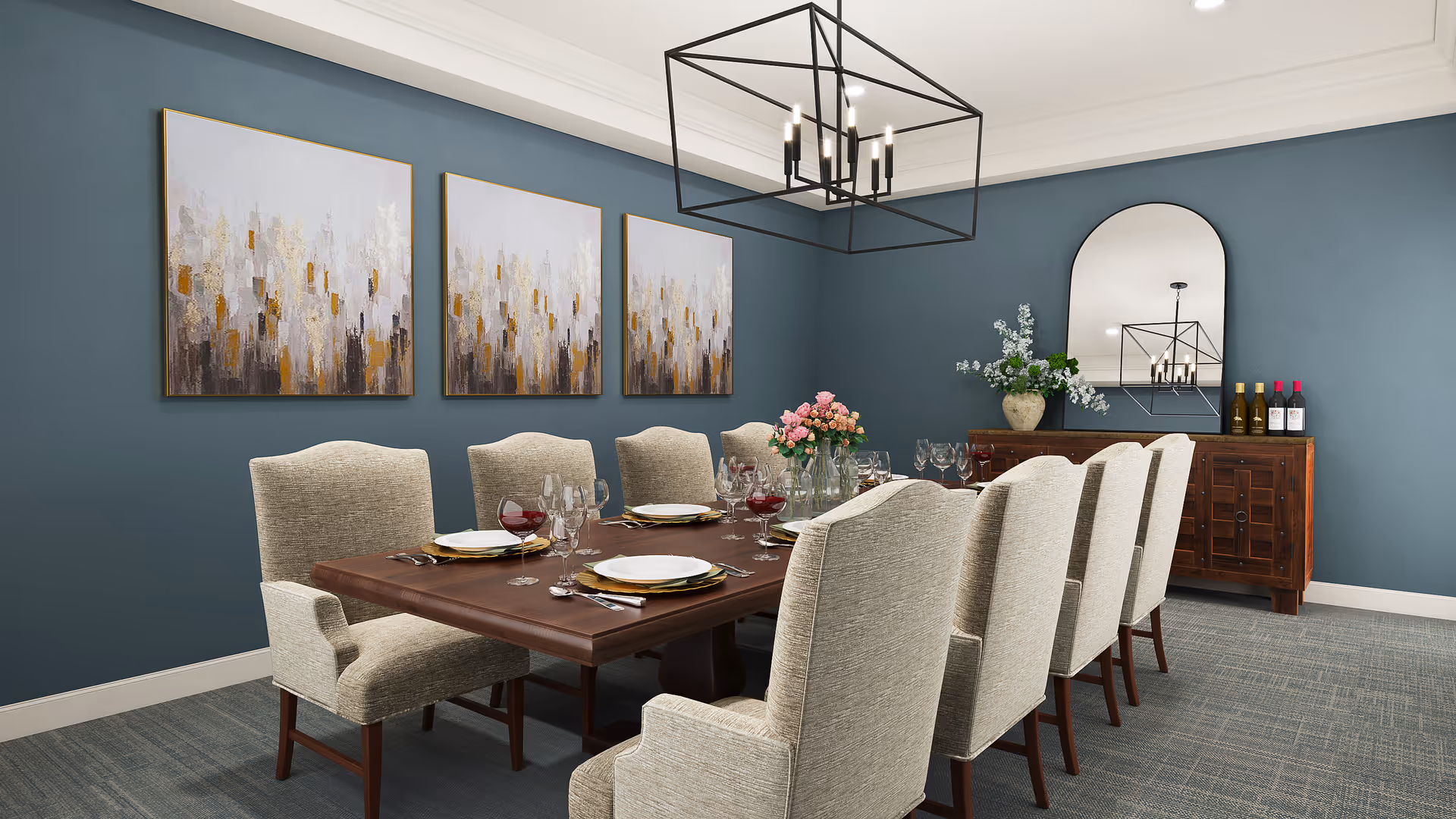 Elegant dining room with a long table, beige chairs, blue walls, and wall art.