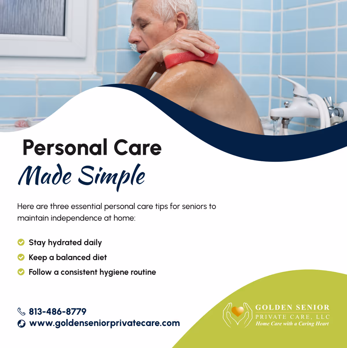 Senior man in a blue-tiled bathroom adjusts his neck near the shower