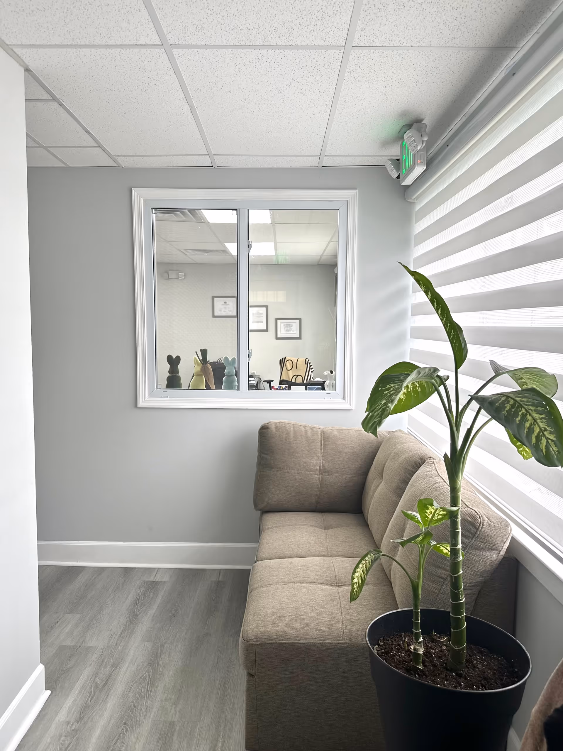 A small lounge in a senior facility featuring a beige sofa, potted plant, and window blinds.