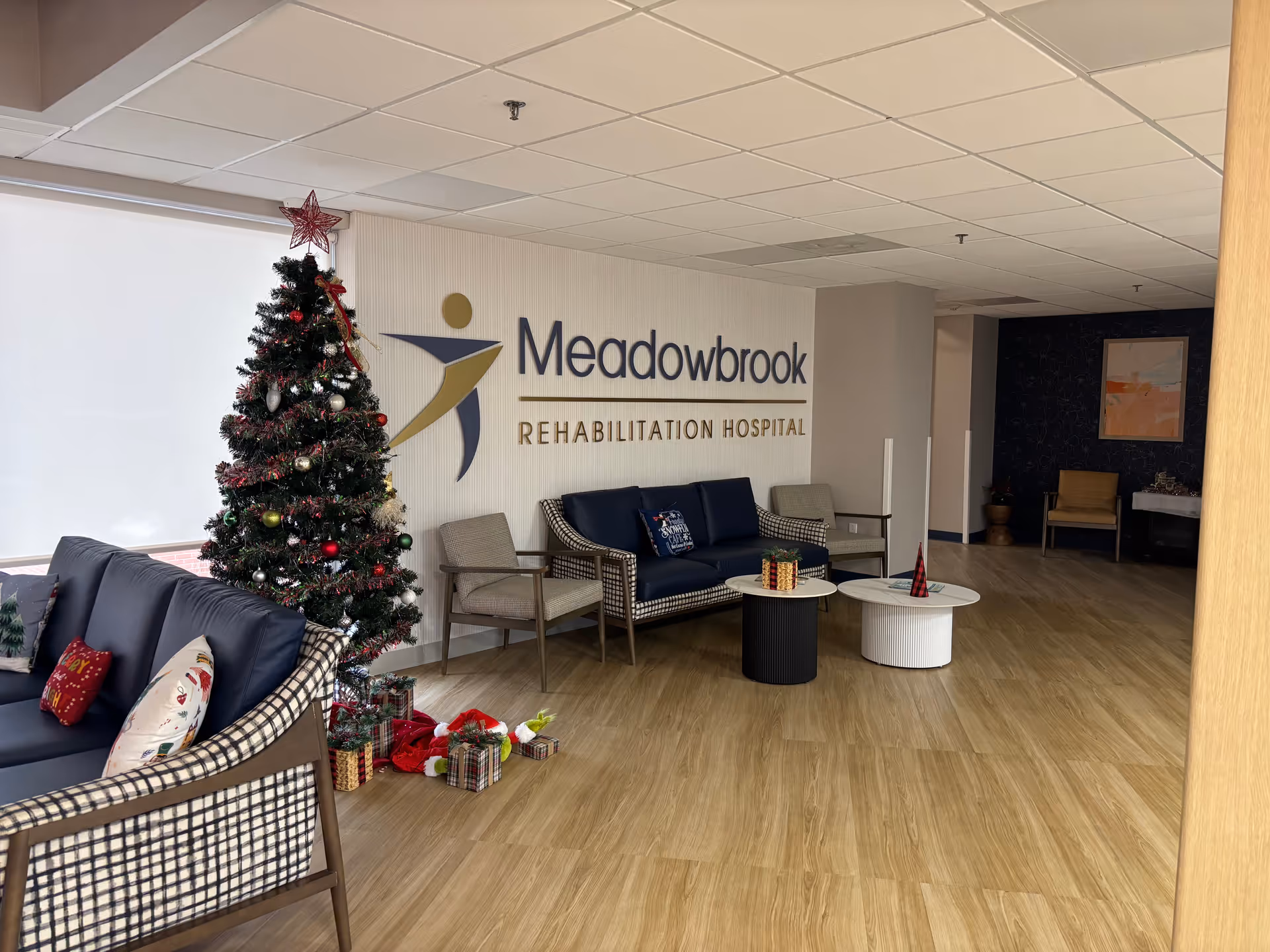 Meadowbrook Rehabilitation Hospital lobby with Christmas tree and seating area.
