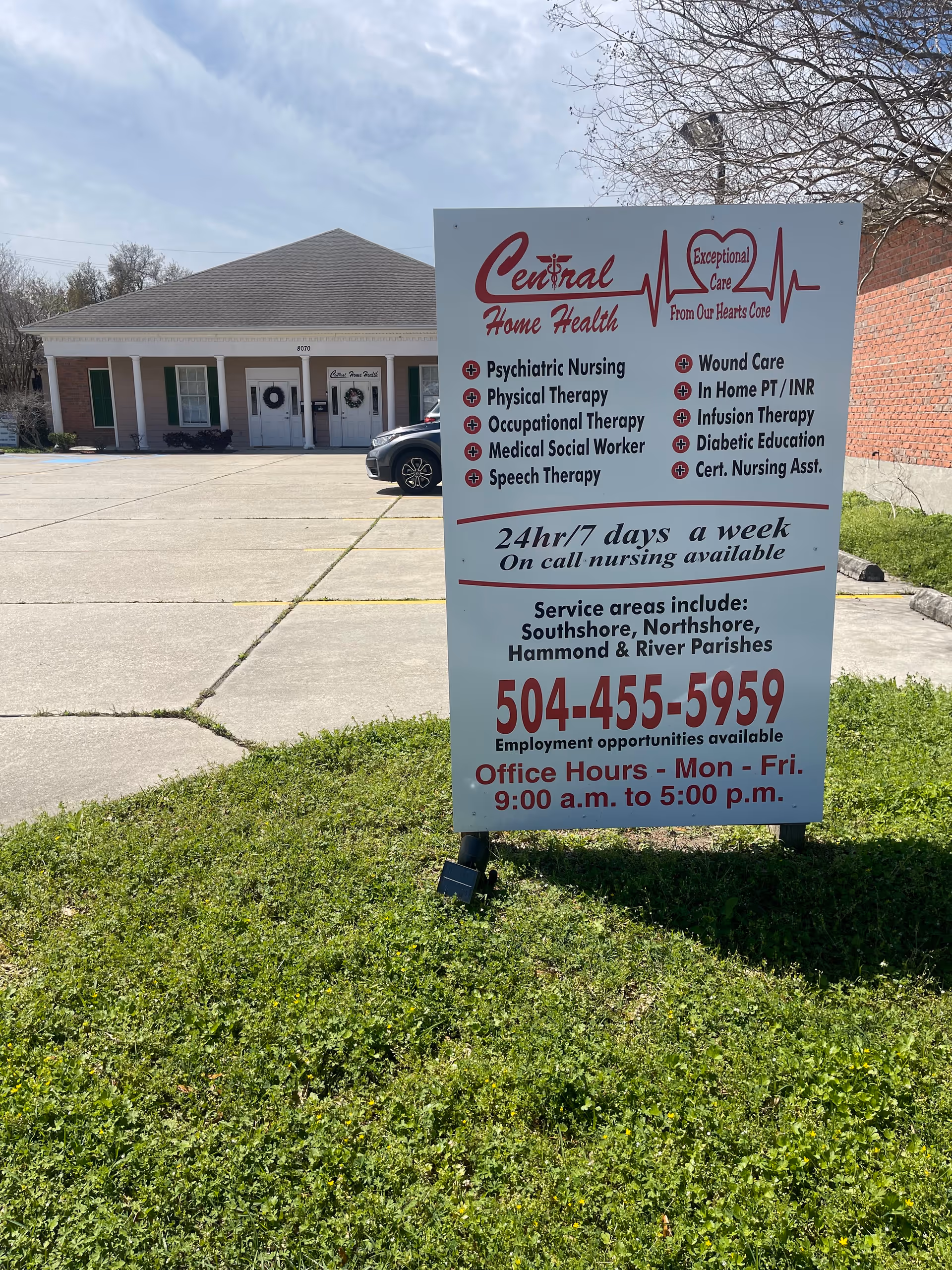 Prominent Central Home Health sign beside a one-story building and parking lot.