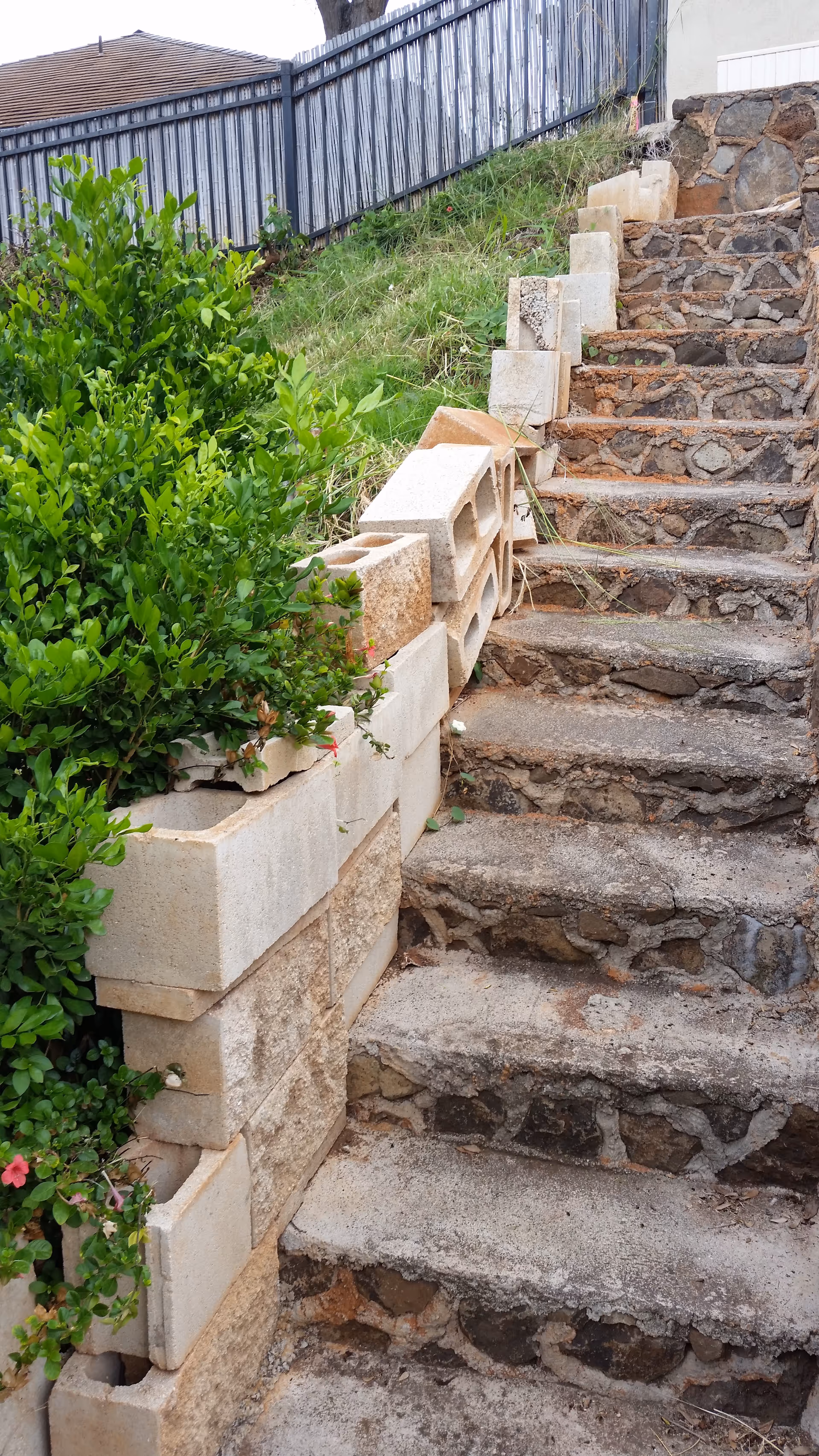 Outdoor stone stairs bordered by stacked concrete blocks and greenery.