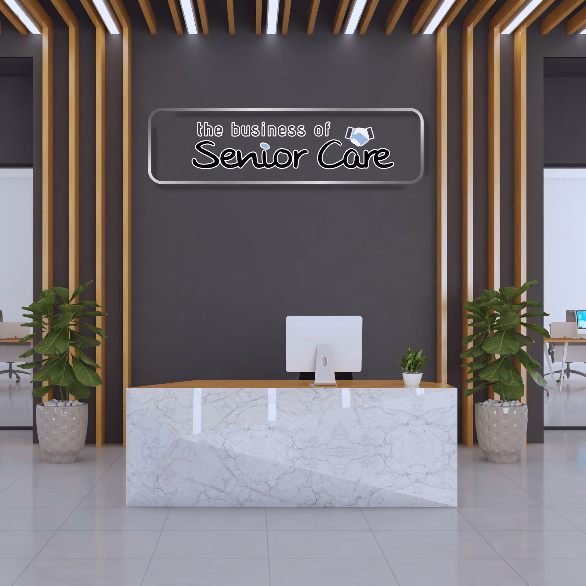 Modern lobby reception with marble-front desk, dark wall, and vertical wooden slats framing the space.