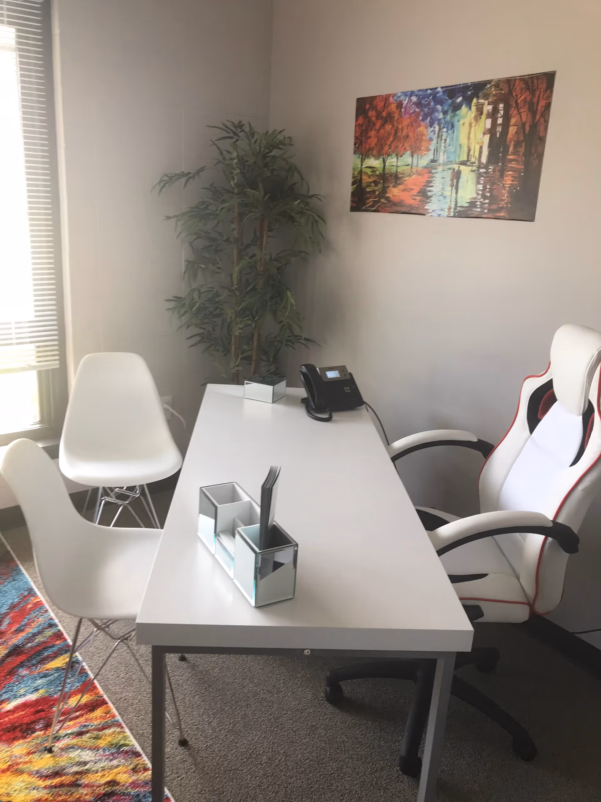 Modern office/consultation room with white desk, ergonomic chair, additional chairs, plant, and wall art.
