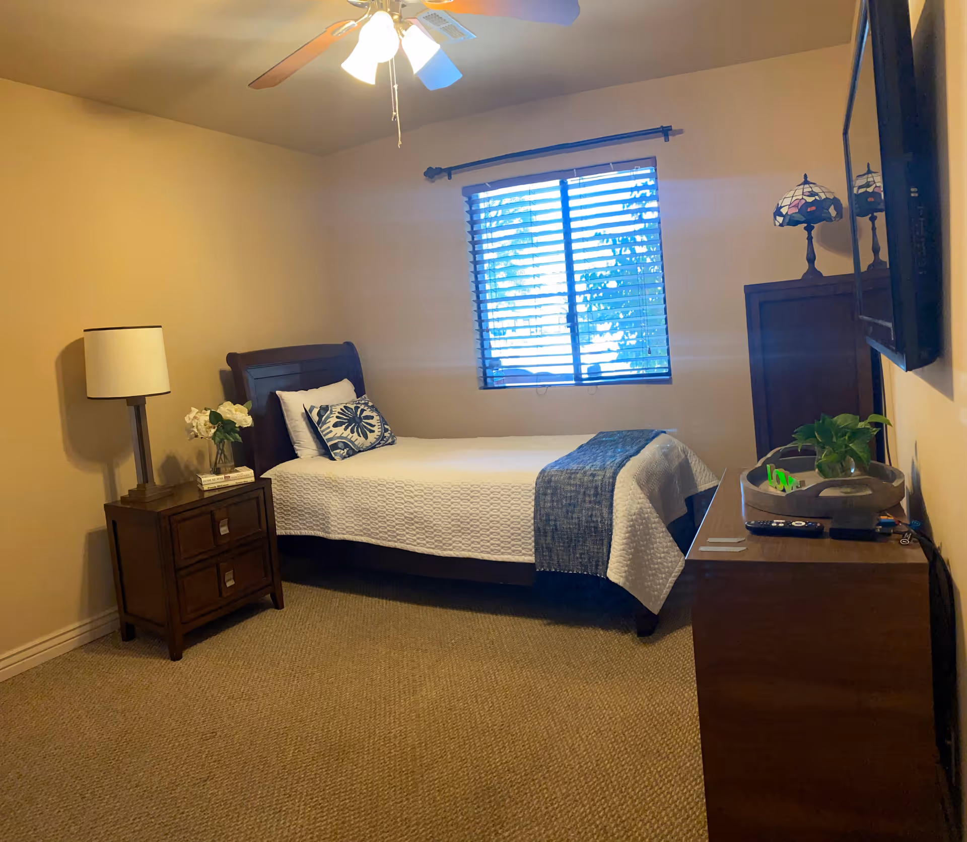 Bedroom with a single bed, nightstand, dresser, window blinds, and ceiling fan.
