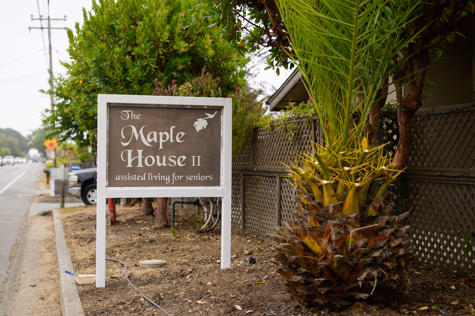 Outside sign reads The Maple House II, assisted living for seniors, beside a palm.