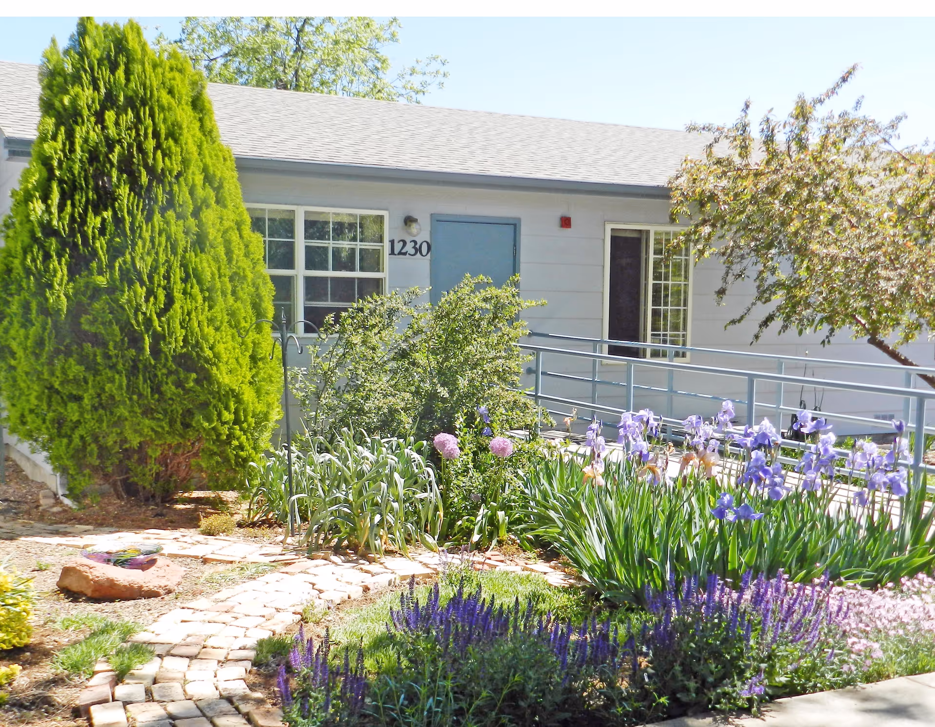A garden area with a variety of flowering plants and shrubs in front of a single-story building with a blue door and windows. There is a paved stone pathway leading through the garden, and a metal handrail along a ramp to the entrance. The building number 1230 is visible near the door.