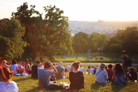 Groups of people sitting on a grassy hillside in a park during sunset.