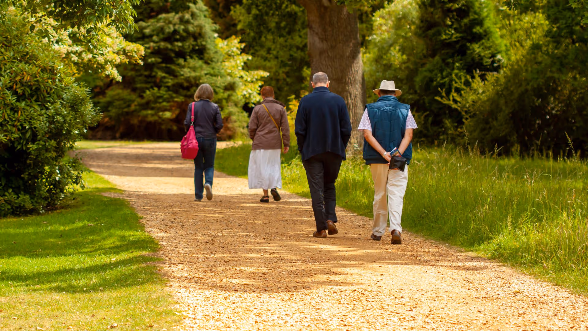 Group of seniors walking along a sunlit gravel path in a park.