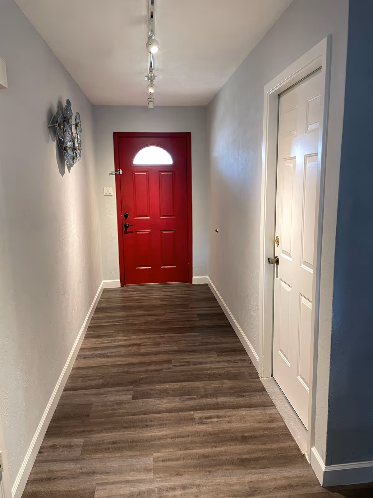Narrow hallway with red front door, white walls, and wood-look flooring.