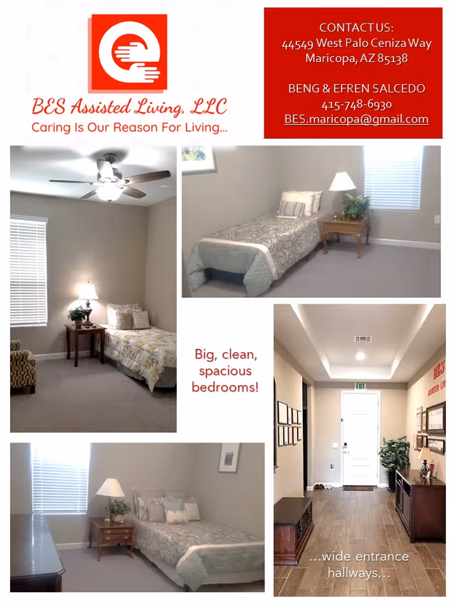 Interior collage showing bright bedrooms and a hallway at BES Assisted Living.