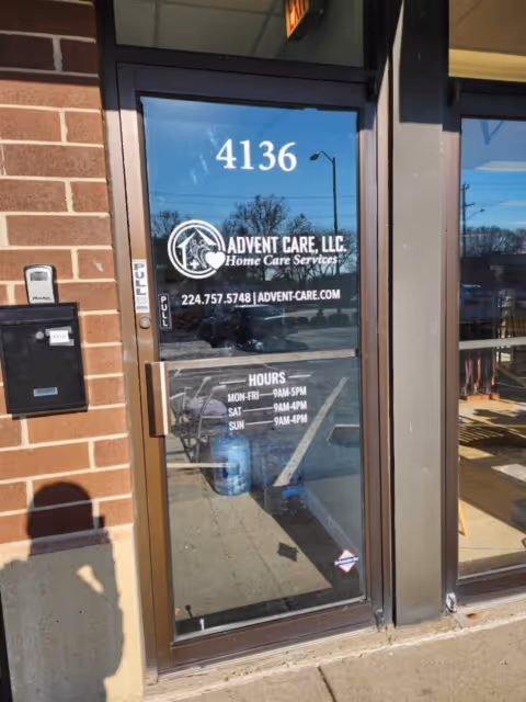 Front door of Advent Care, LLC facility with address 4136 and hours