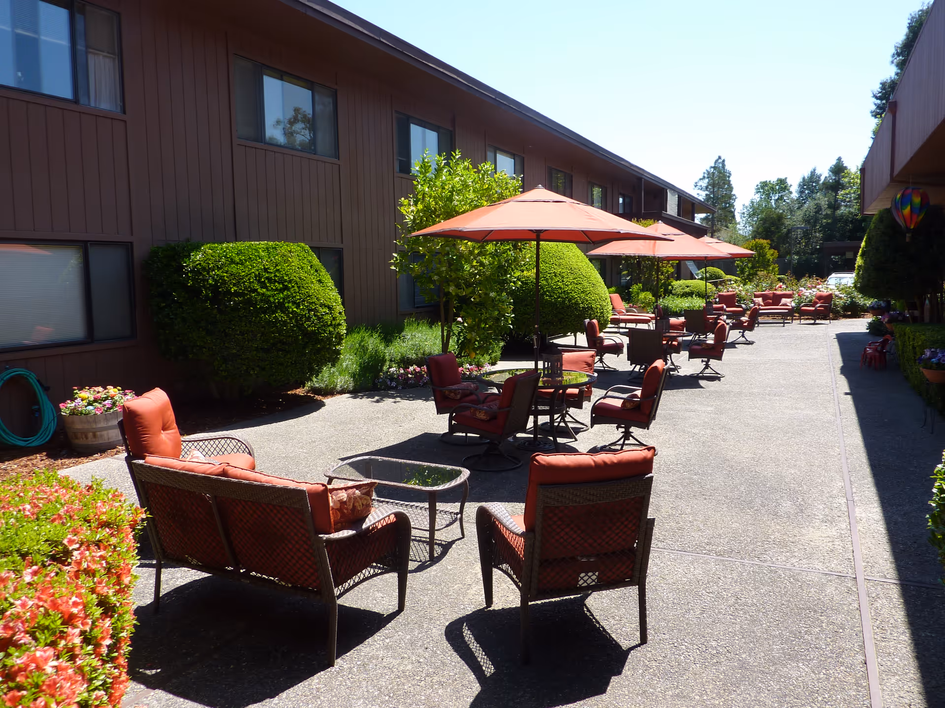 Outdoor patio area at Silverado Orchards Retirement Community with multiple seating arrangements including cushioned chairs and tables with umbrellas, surrounded by well-maintained bushes and plants under a clear blue sky.