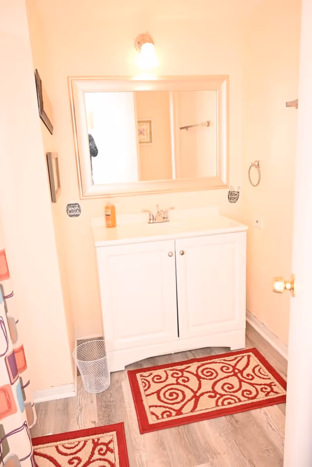 Small bathroom with a white vanity, mirror, sink, two red rugs, and shower curtain.