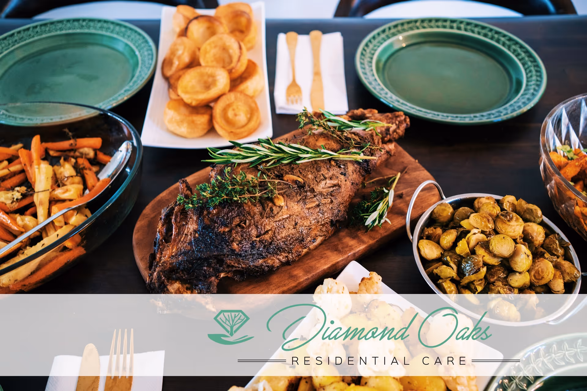 A roasted herb-crusted meat centerpiece with sides on a dining table.