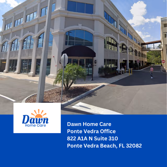 Exterior view of Dawn Home Care building with arched windows and a blue banner.