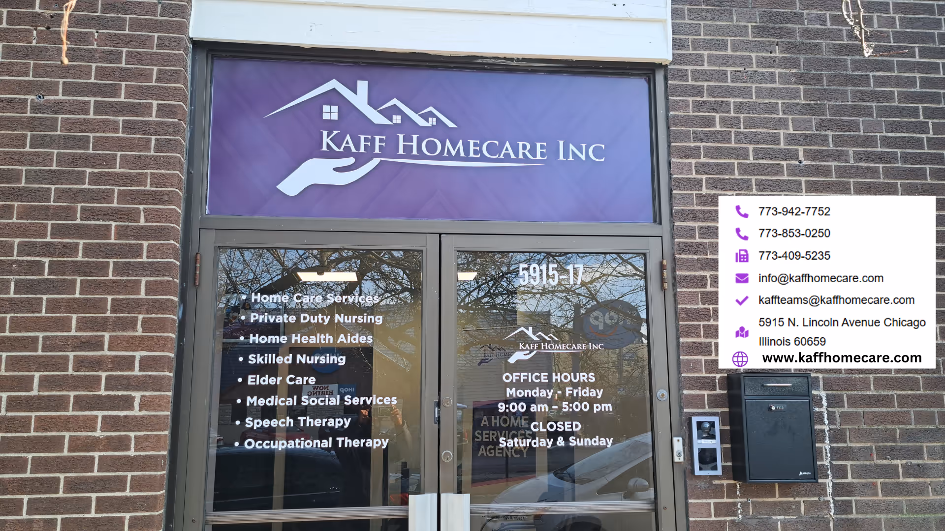 Brick building storefront with KAFF Homecare Inc sign, glass doors, and contact information.
