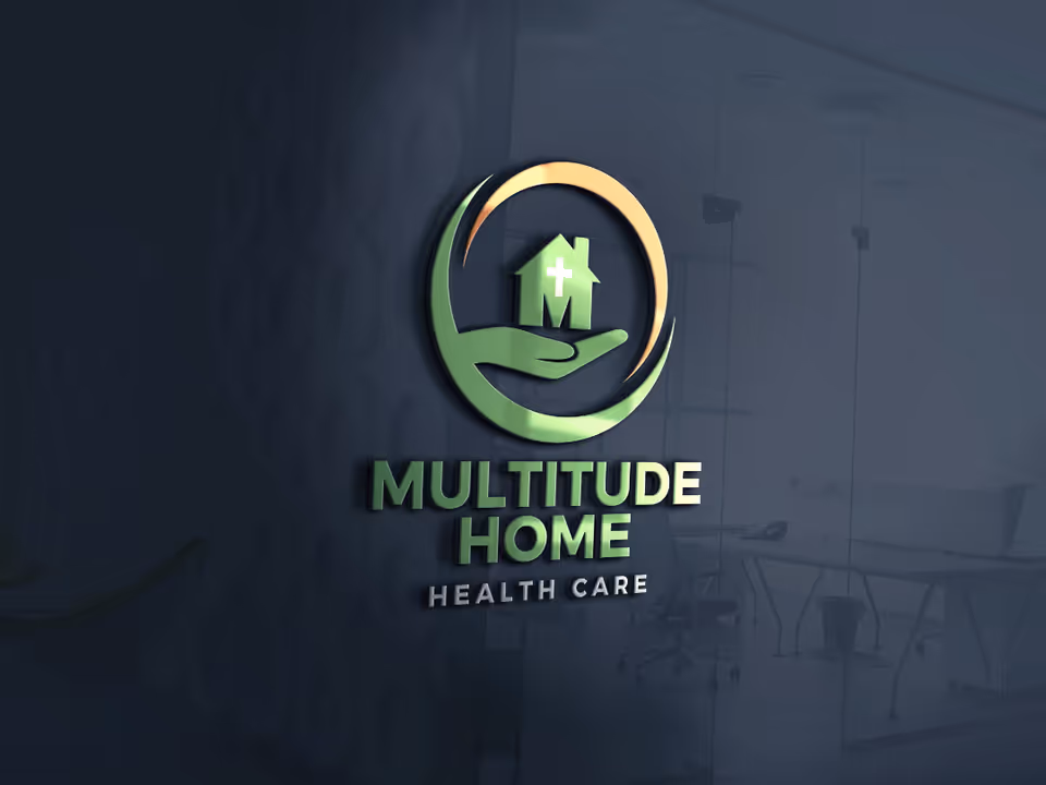 Green and gold Multitude Home Health Care logo on glass wall interior