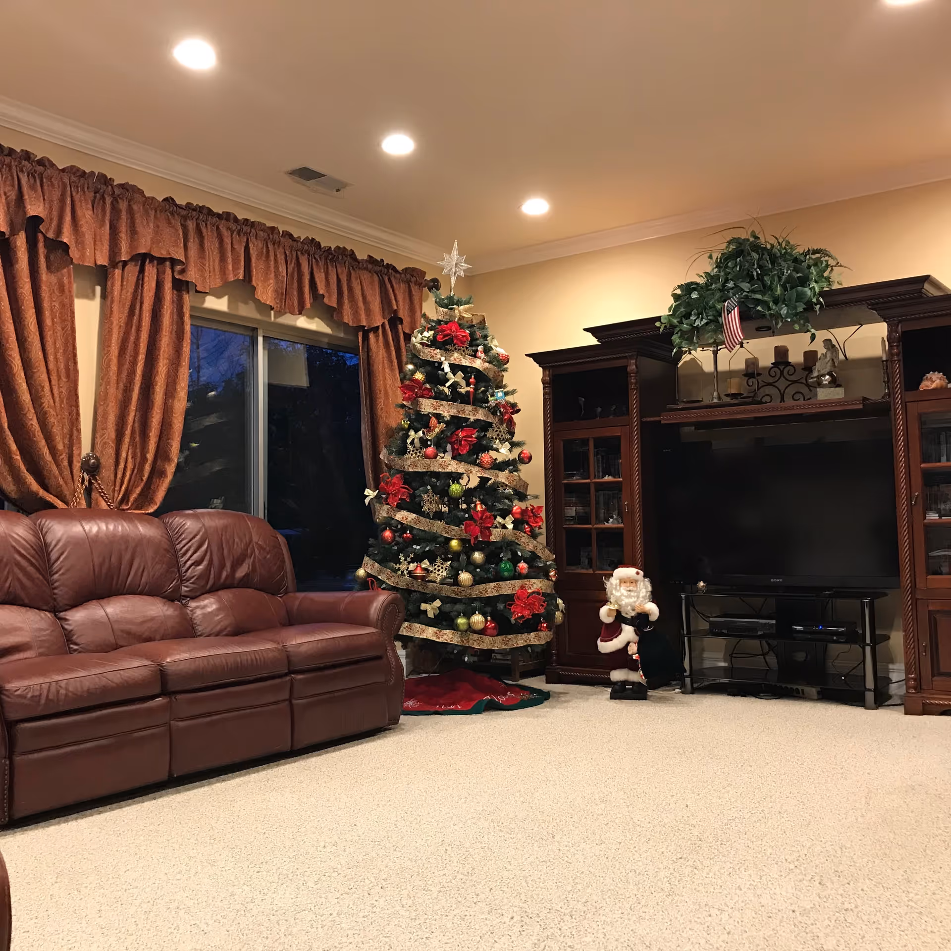 Living room with a Christmas tree, brown leather sofa, and built-in entertainment center.