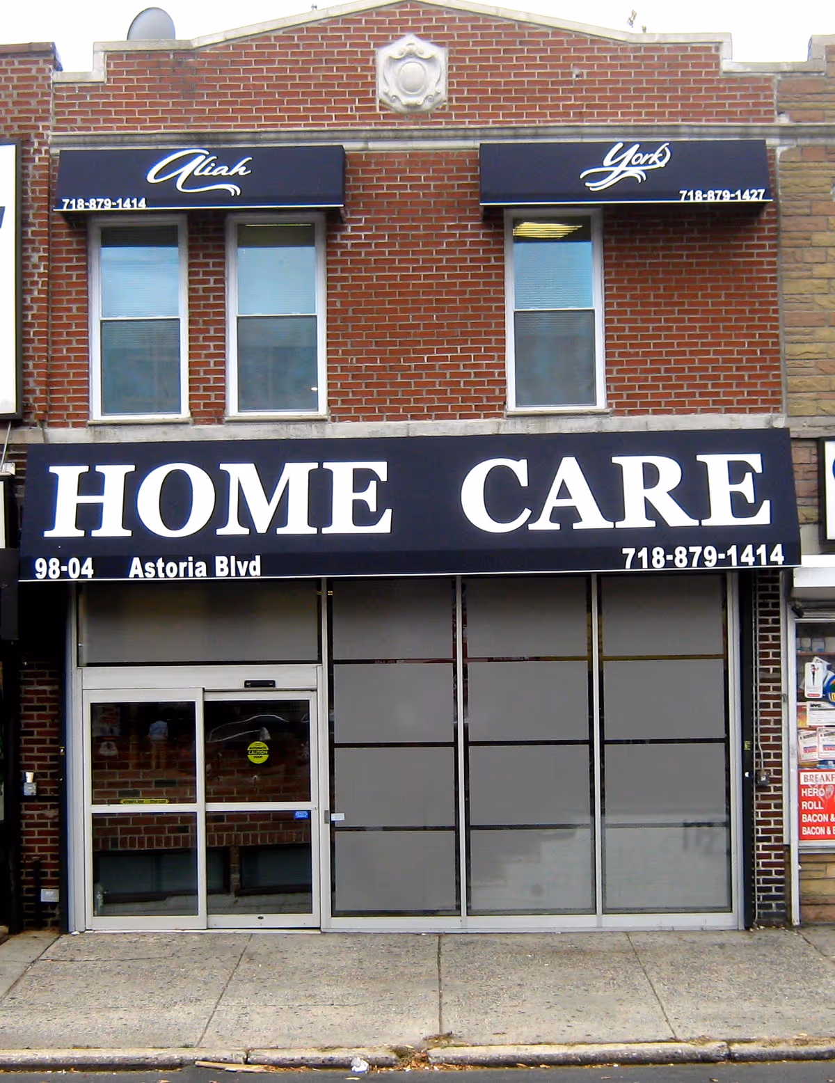 Brick storefront with large HOME CARE sign and York Home Care branding.
