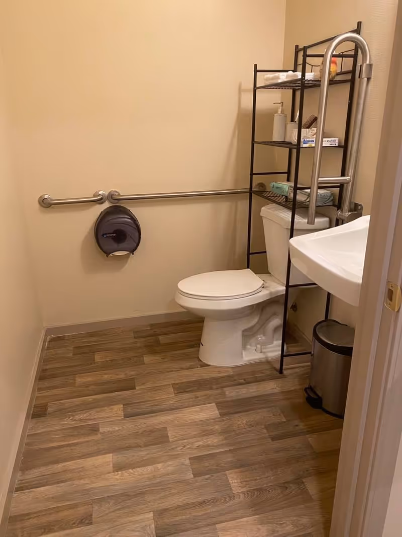 A small beige bathroom featuring a toilet, sink, metal shelving, grab bar, and wood-look flooring.