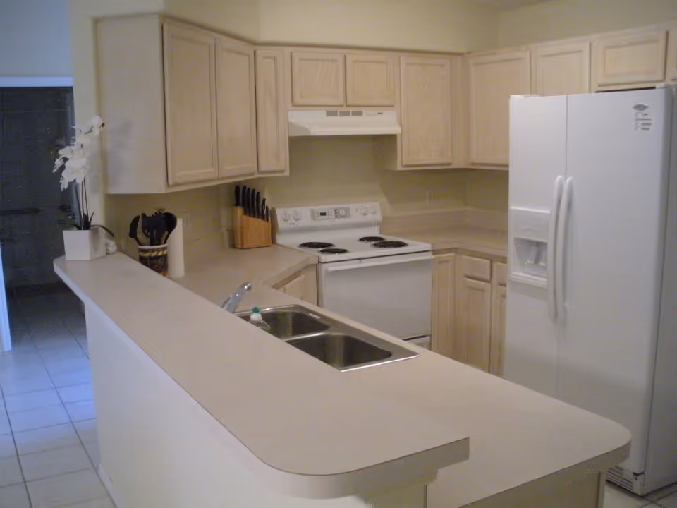 A kitchen with light wood cabinets, a white electric stove with an overhead vent, a white refrigerator with a water dispenser, a double sink with a faucet, and a countertop with a small potted plant and kitchen utensils.