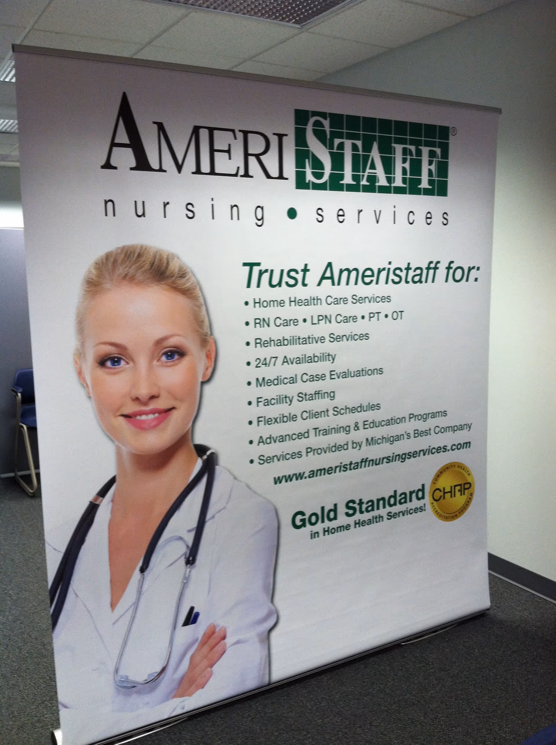 Promotional AmeriStaff nursing services banner featuring a nurse image in a hallway.
