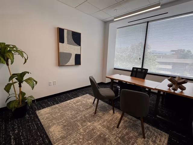 Office-style meeting area with desk, chairs, plant, and abstract wall art.