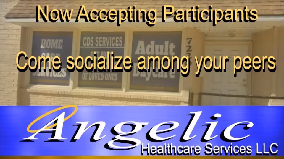 Storefront with Angelic Healthcare Services LLC sign and large socializing text overlay on windows.