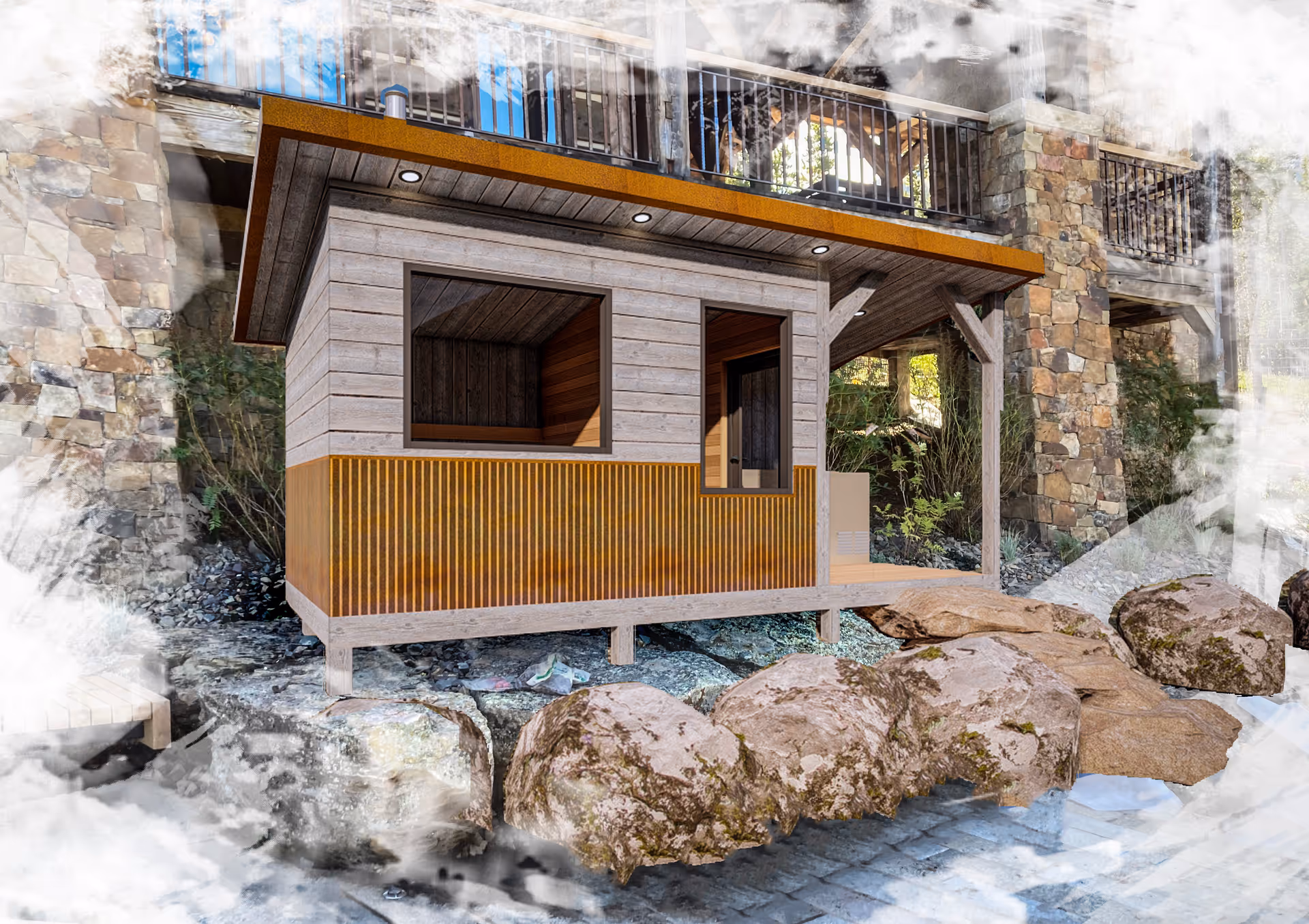 Wooden outdoor sauna hut perched beside rocky landscaping and stone walls