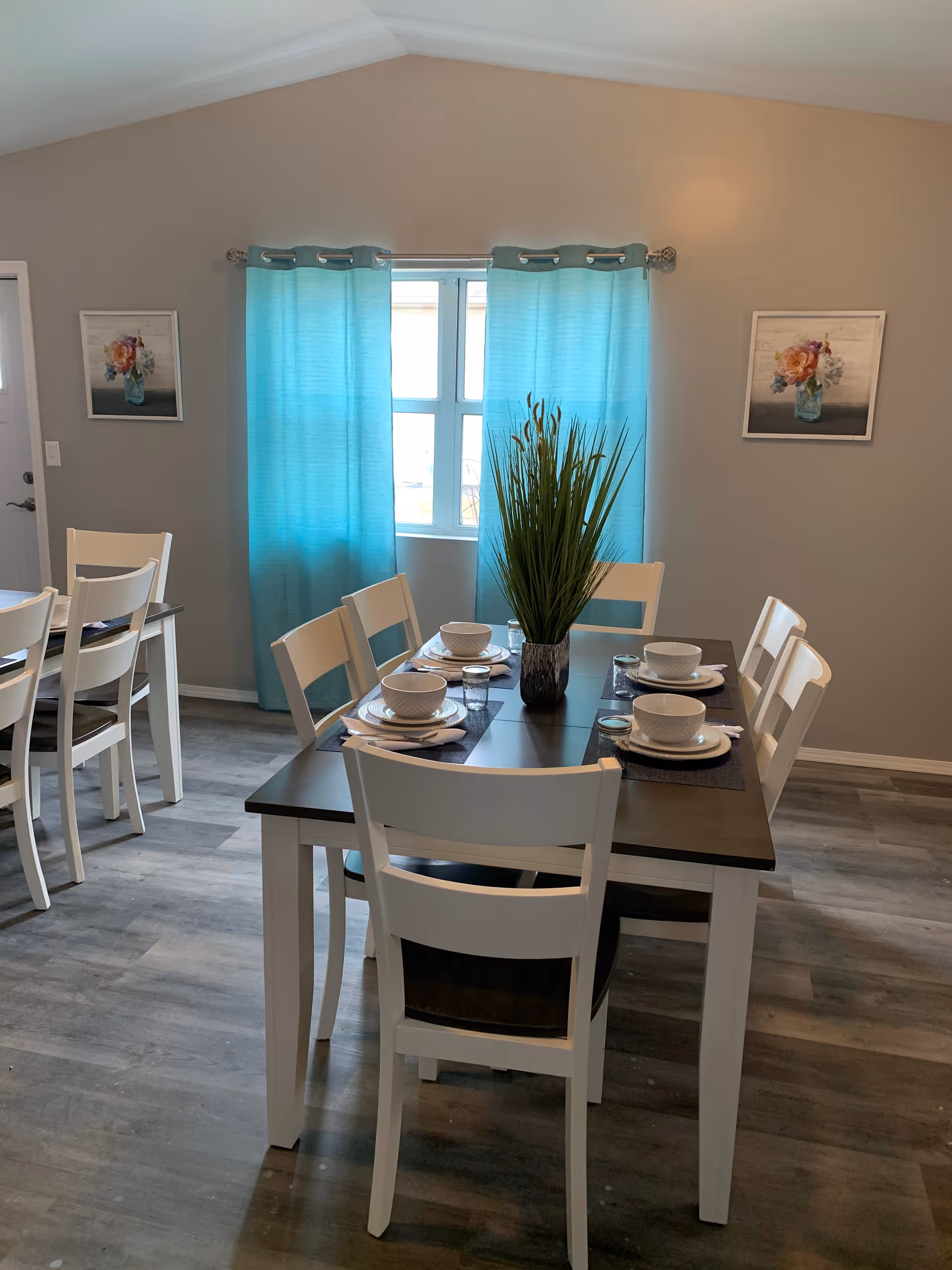 Bright dining room with white chairs, a dark table, turquoise curtains, and a plant centerpiece.