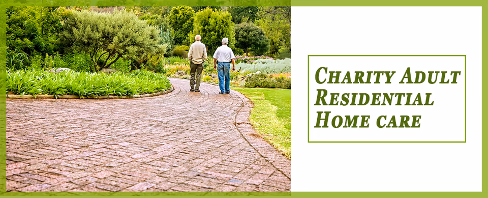 Two elderly individuals walk along a brick garden path beside Charity Adult Residential Home care logo.