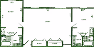Two-bedroom floor plan showing a central living area with kitchen and closets, flanked by bedrooms each with dressing areas and bathrooms.